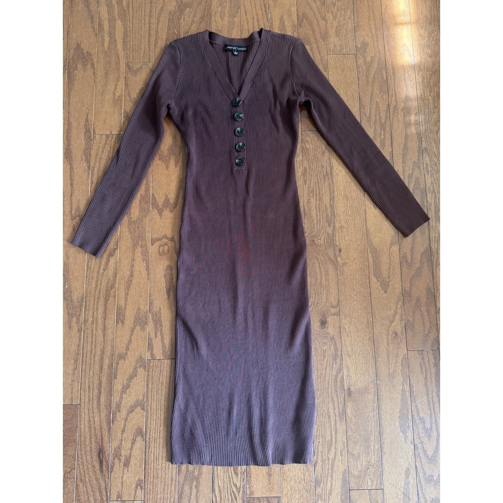 Almost Famous Ribbed Midi Dress L Brown Button Front Long Sleeve Bodycon